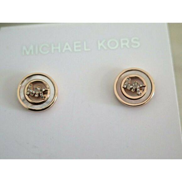 Michael Kors MKJ7764710 Monogram Mop Stud Earrings Gold Crystals MK Logo - Picture 2 of 7